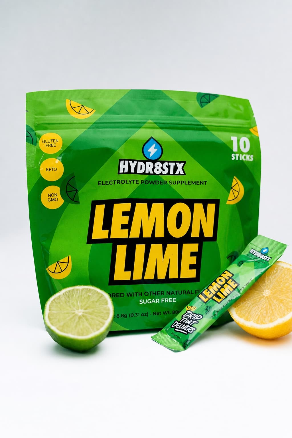 Hydr8Stx Lemon Lime pouch and stick with fresh citrus